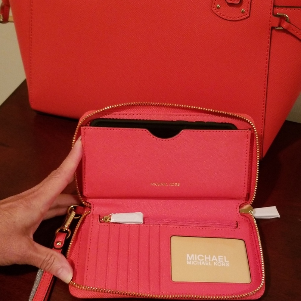 Michael Kors Leather Sea Coral Tote and Wristlet - Picture 2 of 5